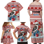 Australia Christmas In July Family Matching Off Shoulder Maxi Dress and Hawaiian Shirt Kookaburra Santa Red Color