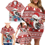 Australia Christmas In July Family Matching Off Shoulder Short Dress and Hawaiian Shirt Kookaburra Santa Red Color