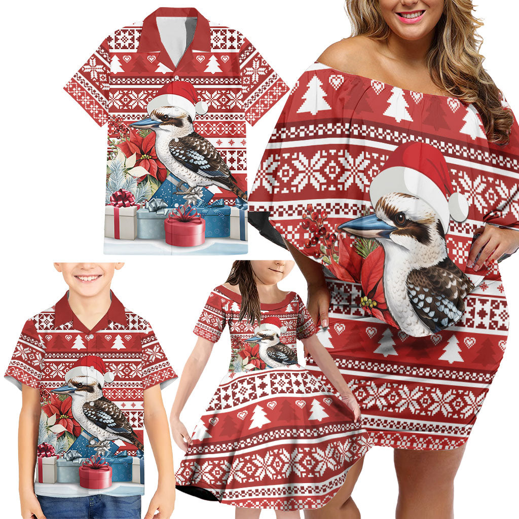Australia Christmas In July Family Matching Off Shoulder Short Dress and Hawaiian Shirt Kookaburra Santa Red Color