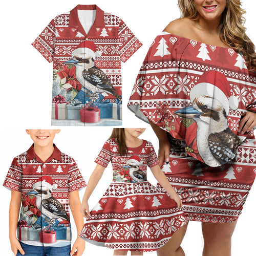 Australia Christmas In July Family Matching Off Shoulder Short Dress and Hawaiian Shirt Kookaburra Santa Red Color
