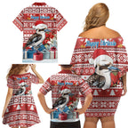 Australia Christmas In July Family Matching Off Shoulder Short Dress and Hawaiian Shirt Kookaburra Santa Red Color