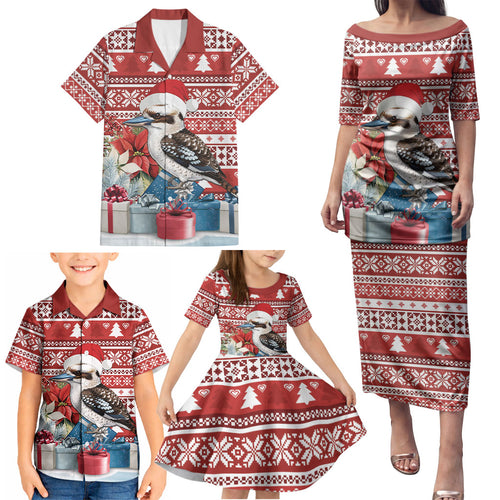 Australia Christmas In July Family Matching Puletasi and Hawaiian Shirt Kookaburra Santa Red Color