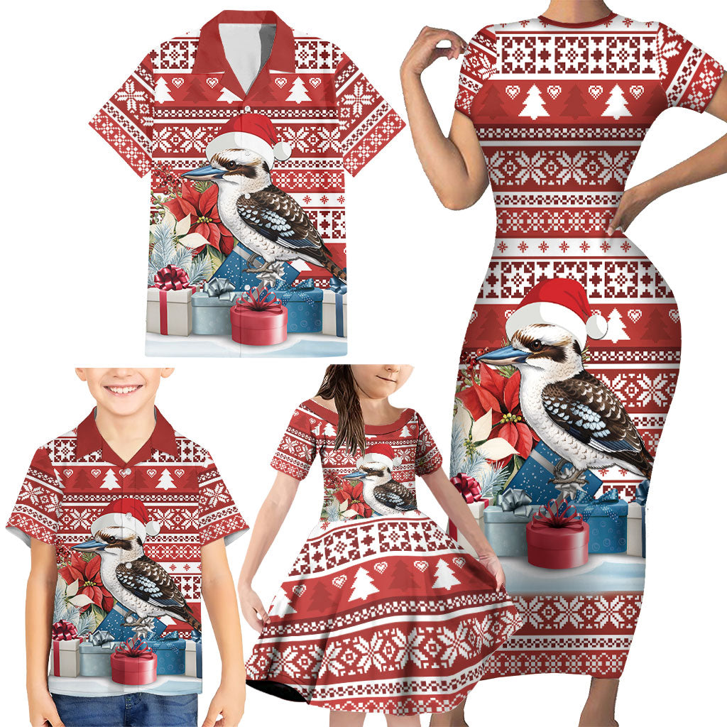 Australia Christmas In July Family Matching Short Sleeve Bodycon Dress and Hawaiian Shirt Kookaburra Santa Red Color