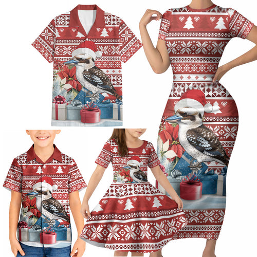 Australia Christmas In July Family Matching Short Sleeve Bodycon Dress and Hawaiian Shirt Kookaburra Santa Red Color