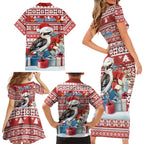 Australia Christmas In July Family Matching Short Sleeve Bodycon Dress and Hawaiian Shirt Kookaburra Santa Red Color
