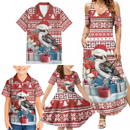 Australia Christmas In July Family Matching Summer Maxi Dress and Hawaiian Shirt Kookaburra Santa Red Color