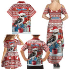 Australia Christmas In July Family Matching Summer Maxi Dress and Hawaiian Shirt Kookaburra Santa Red Color