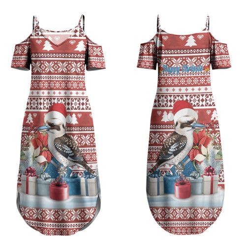 Australia Christmas In July Family Matching Summer Maxi Dress and Hawaiian Shirt Kookaburra Santa Red Color