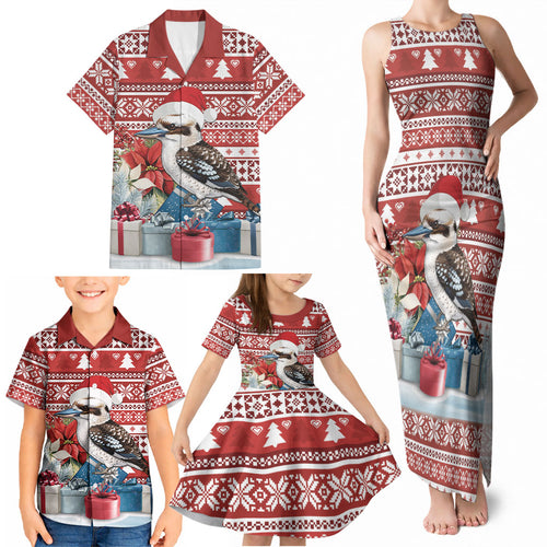 Australia Christmas In July Family Matching Tank Maxi Dress and Hawaiian Shirt Kookaburra Santa Red Color