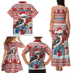 Australia Christmas In July Family Matching Tank Maxi Dress and Hawaiian Shirt Kookaburra Santa Red Color