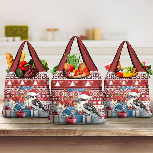 Australia Christmas In July Grocery Bag Kookaburra Santa Red Color