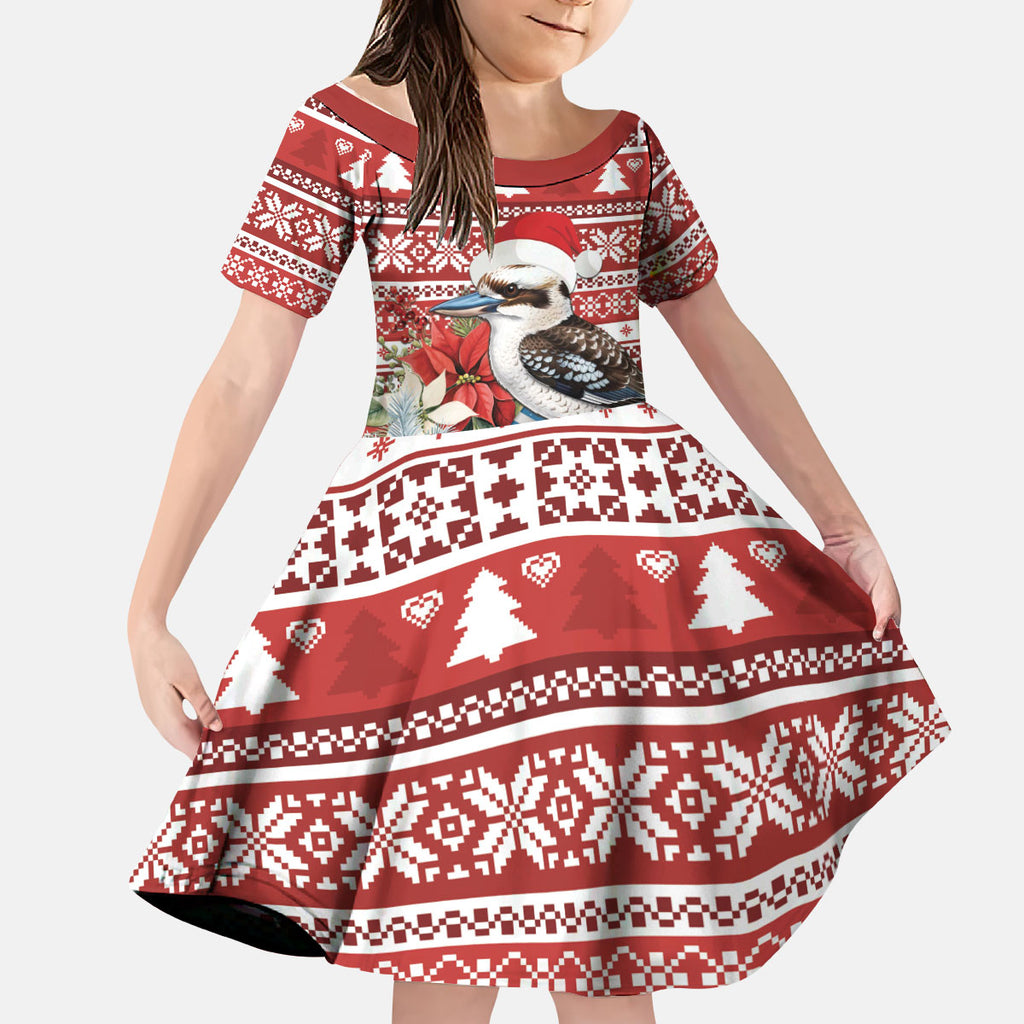 Australia Christmas In July Kid Short Sleeve Dress Kookaburra Santa Red Color