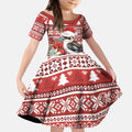 Australia Christmas In July Kid Short Sleeve Dress Kookaburra Santa Red Color