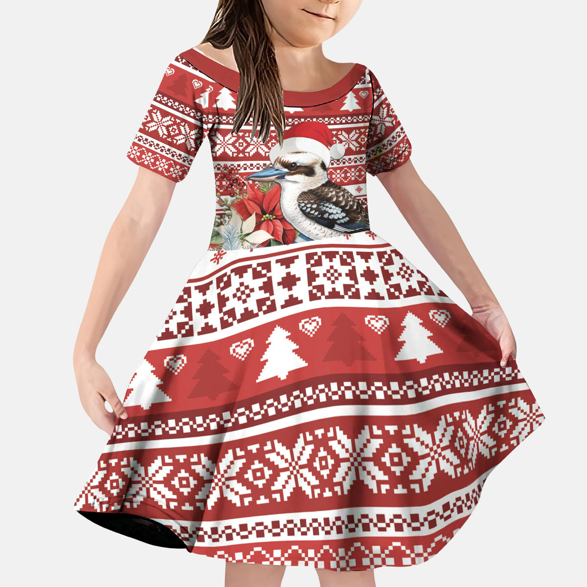 Australia Christmas In July Kid Short Sleeve Dress Kookaburra Santa Red Color