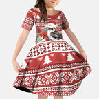 Australia Christmas In July Kid Short Sleeve Dress Kookaburra Santa Red Color