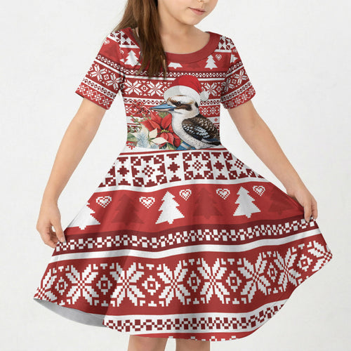 Australia Christmas In July Kid Short Sleeve Dress Kookaburra Santa Red Color