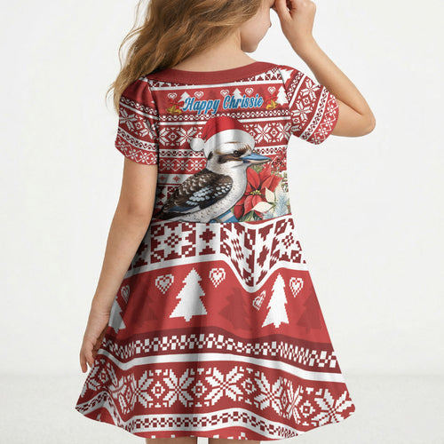 Australia Christmas In July Kid Short Sleeve Dress Kookaburra Santa Red Color