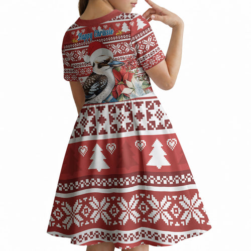 Australia Christmas In July Kid Short Sleeve Dress Kookaburra Santa Red Color