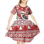 Australia Christmas In July Kid Short Sleeve Dress Kookaburra Santa Red Color