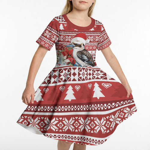 Australia Christmas In July Kid Short Sleeve Dress Kookaburra Santa Red Color