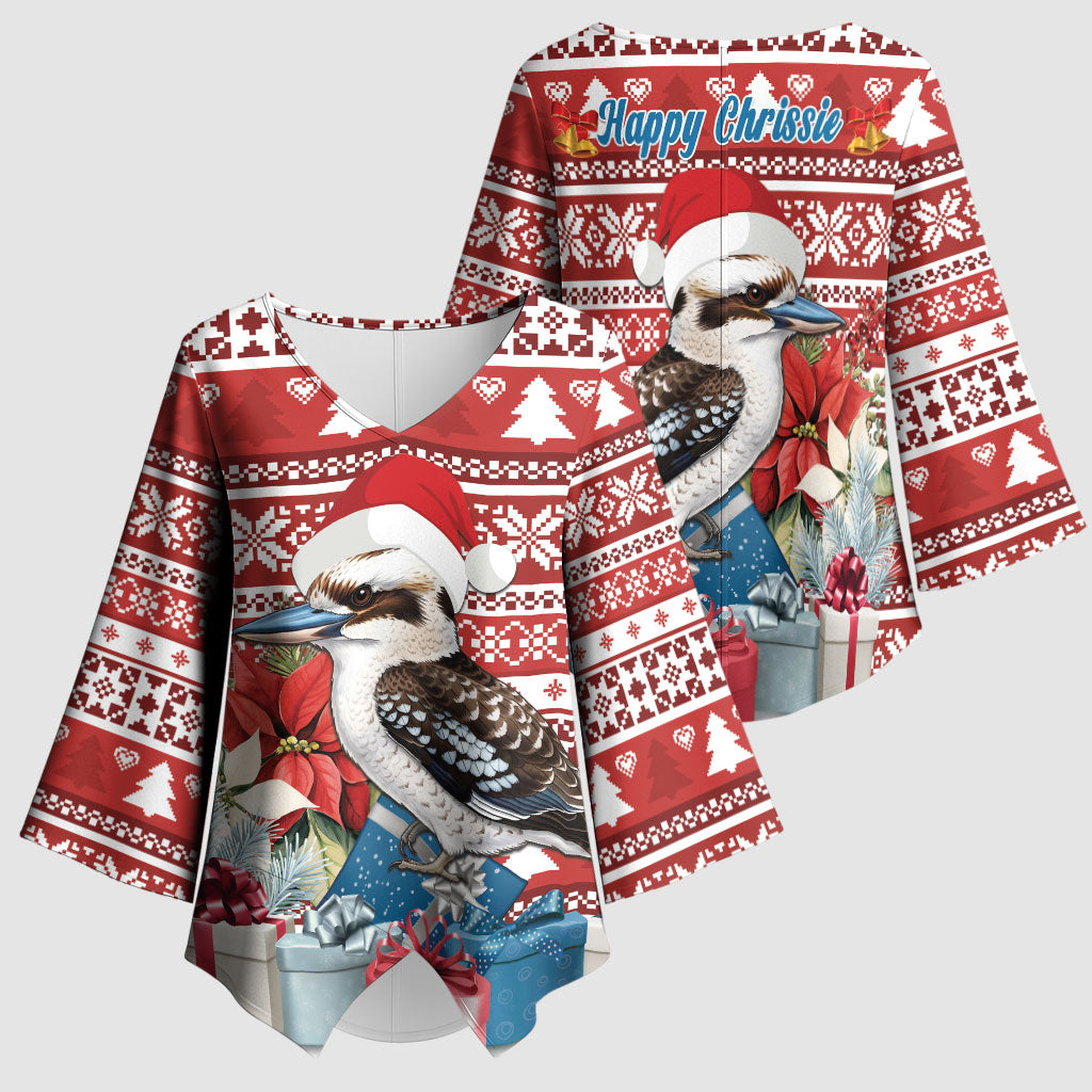 Australia Christmas In July Kimono Sleeve Blouse Kookaburra Santa Red Color