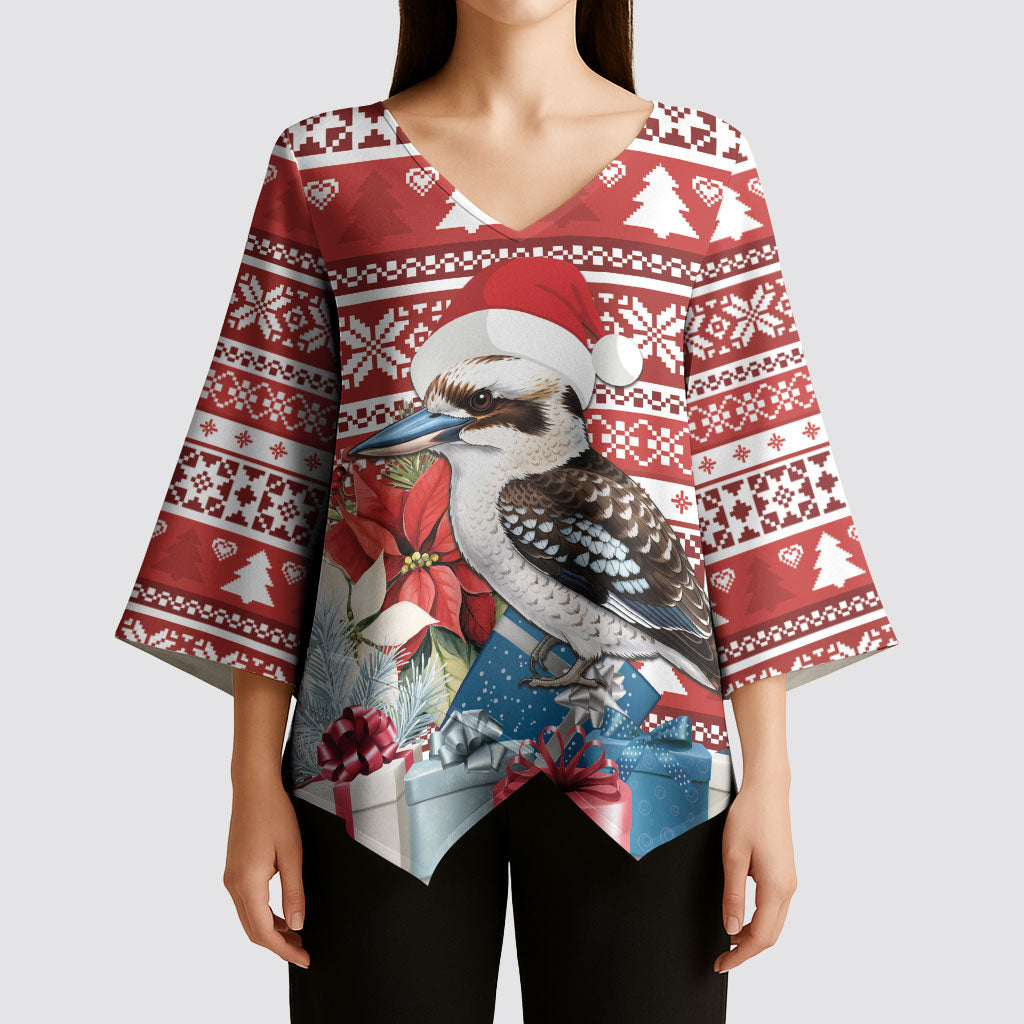 Australia Christmas In July Kimono Sleeve Blouse Kookaburra Santa Red Color
