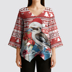 Australia Christmas In July Kimono Sleeve Blouse Kookaburra Santa Red Color