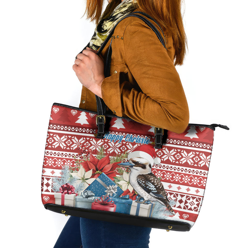 Australia Christmas In July Leather Tote Bag Kookaburra Santa Red Color