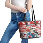 Australia Christmas In July Leather Tote Bag Kookaburra Santa Red Color