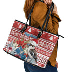 Australia Christmas In July Leather Tote Bag Kookaburra Santa Red Color
