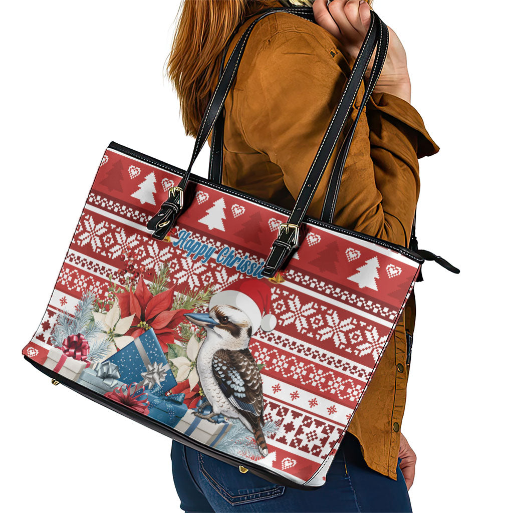 Australia Christmas In July Leather Tote Bag Kookaburra Santa Red Color