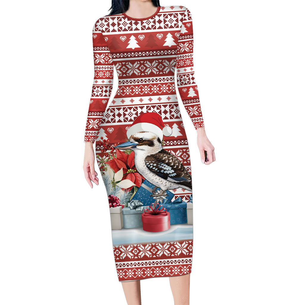 Australia Christmas In July Long Sleeve Bodycon Dress Kookaburra Santa Red Color