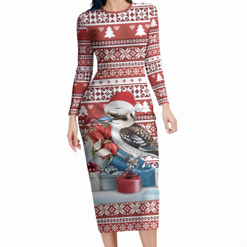 Australia Christmas In July Long Sleeve Bodycon Dress Kookaburra Santa Red Color