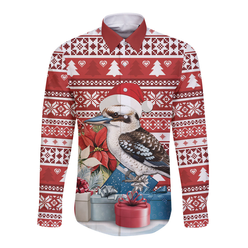 Australia Christmas In July Long Sleeve Button Shirt Kookaburra Santa Red Color