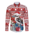 Australia Christmas In July Long Sleeve Button Shirt Kookaburra Santa Red Color