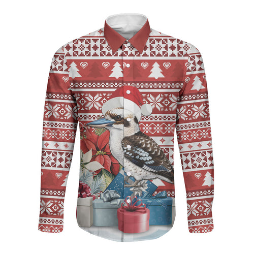 Australia Christmas In July Long Sleeve Button Shirt Kookaburra Santa Red Color