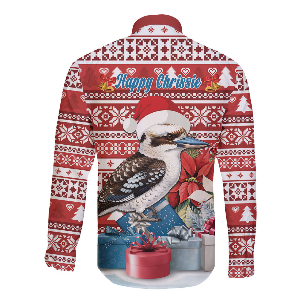 Australia Christmas In July Long Sleeve Button Shirt Kookaburra Santa Red Color