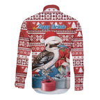 Australia Christmas In July Long Sleeve Button Shirt Kookaburra Santa Red Color