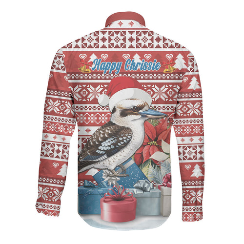 Australia Christmas In July Long Sleeve Button Shirt Kookaburra Santa Red Color