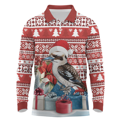Australia Christmas In July Long Sleeve Polo Shirt Kookaburra Santa Red Color