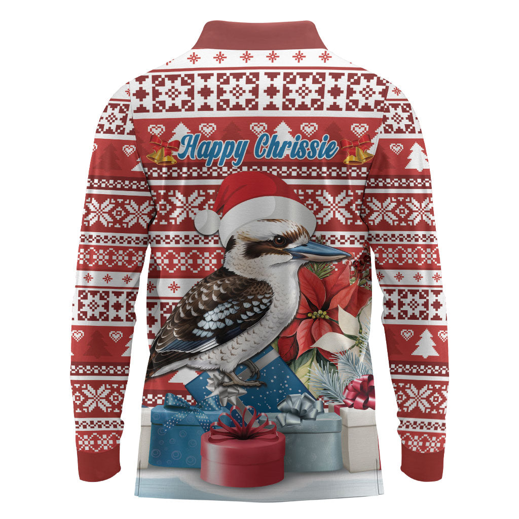 Australia Christmas In July Long Sleeve Polo Shirt Kookaburra Santa Red Color