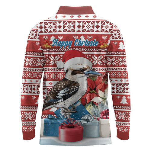 Australia Christmas In July Long Sleeve Polo Shirt Kookaburra Santa Red Color