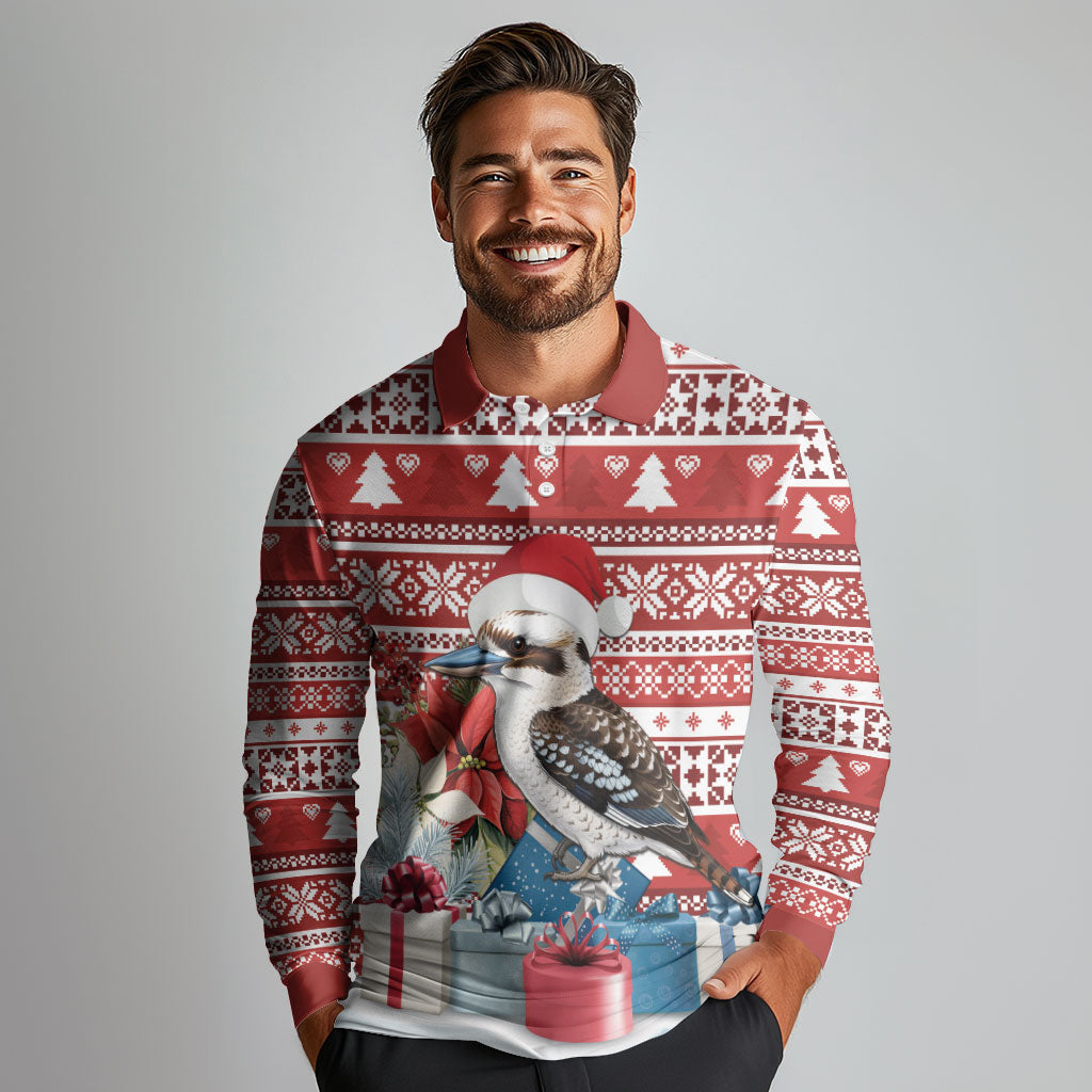 Australia Christmas In July Long Sleeve Polo Shirt Kookaburra Santa Red Color