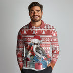 Australia Christmas In July Long Sleeve Polo Shirt Kookaburra Santa Red Color