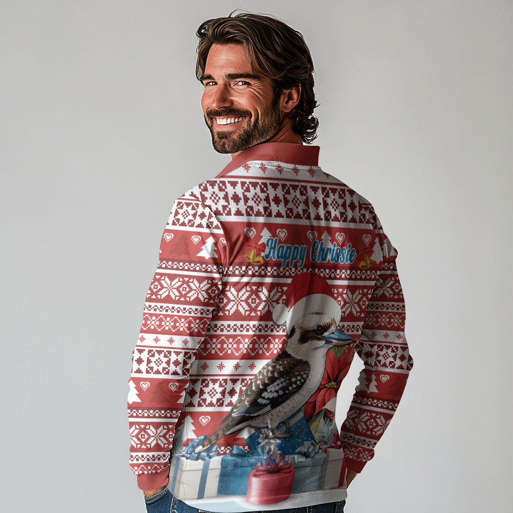 Australia Christmas In July Long Sleeve Polo Shirt Kookaburra Santa Red Color