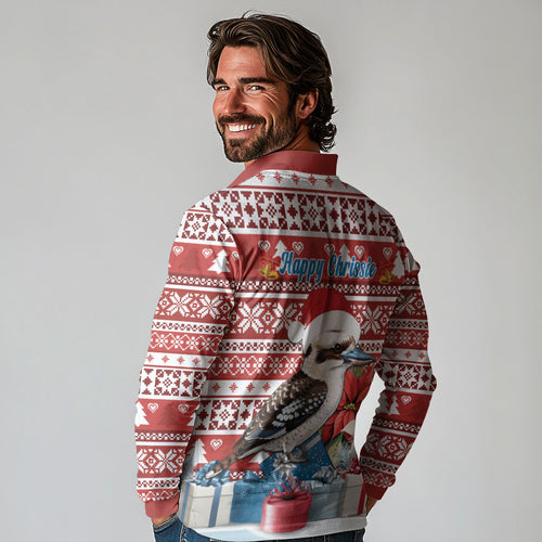 Australia Christmas In July Long Sleeve Polo Shirt Kookaburra Santa Red Color