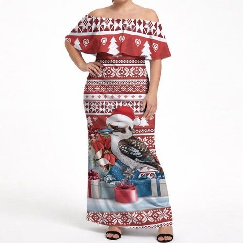 Australia Christmas In July Off Shoulder Maxi Dress Kookaburra Santa Red Color