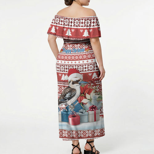 Australia Christmas In July Off Shoulder Maxi Dress Kookaburra Santa Red Color