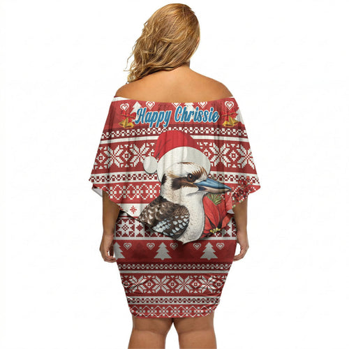 Australia Christmas In July Off Shoulder Short Dress Kookaburra Santa Red Color