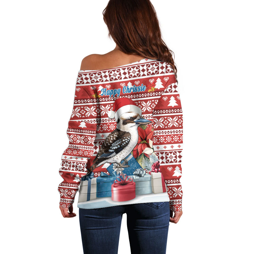 Australia Christmas In July Off Shoulder Sweater Kookaburra Santa Red Color